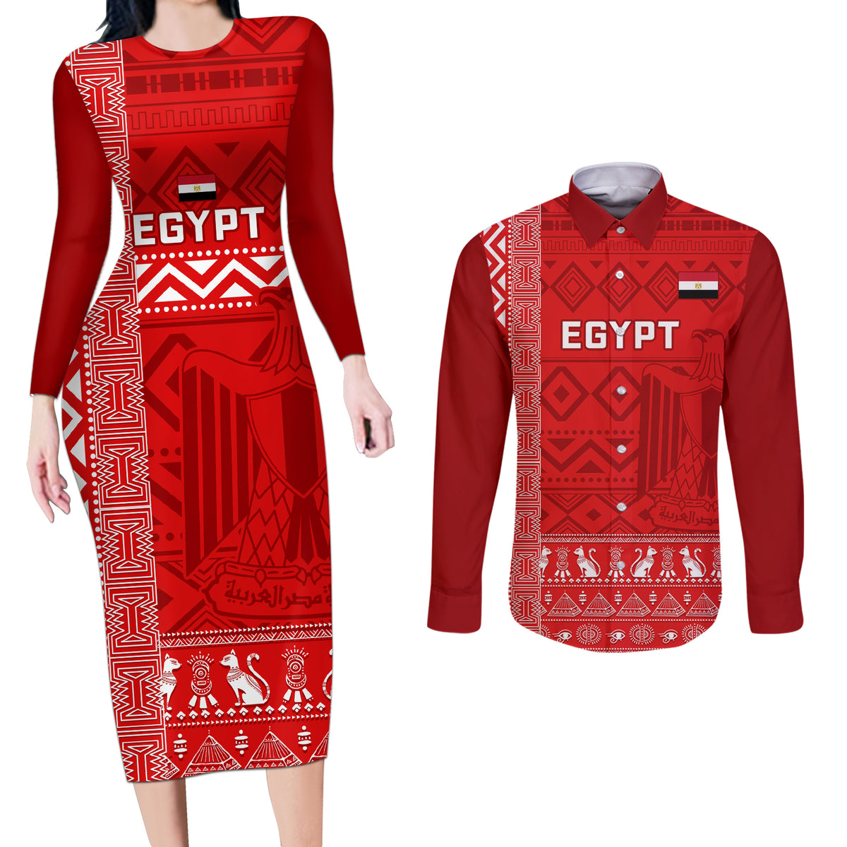 Egypt Football Couples Matching Long Sleeve Bodycon Dress and Long Sleeve Button Shirt 2024 Go Champions Pharaohs Egyptian Patterns - Wonder Print Shop