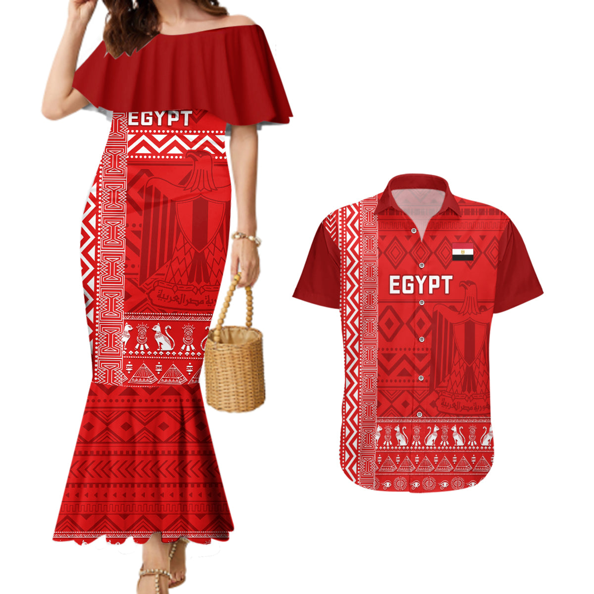 Egypt Football Couples Matching Mermaid Dress and Hawaiian Shirt 2024 Go Champions Pharaohs Egyptian Patterns