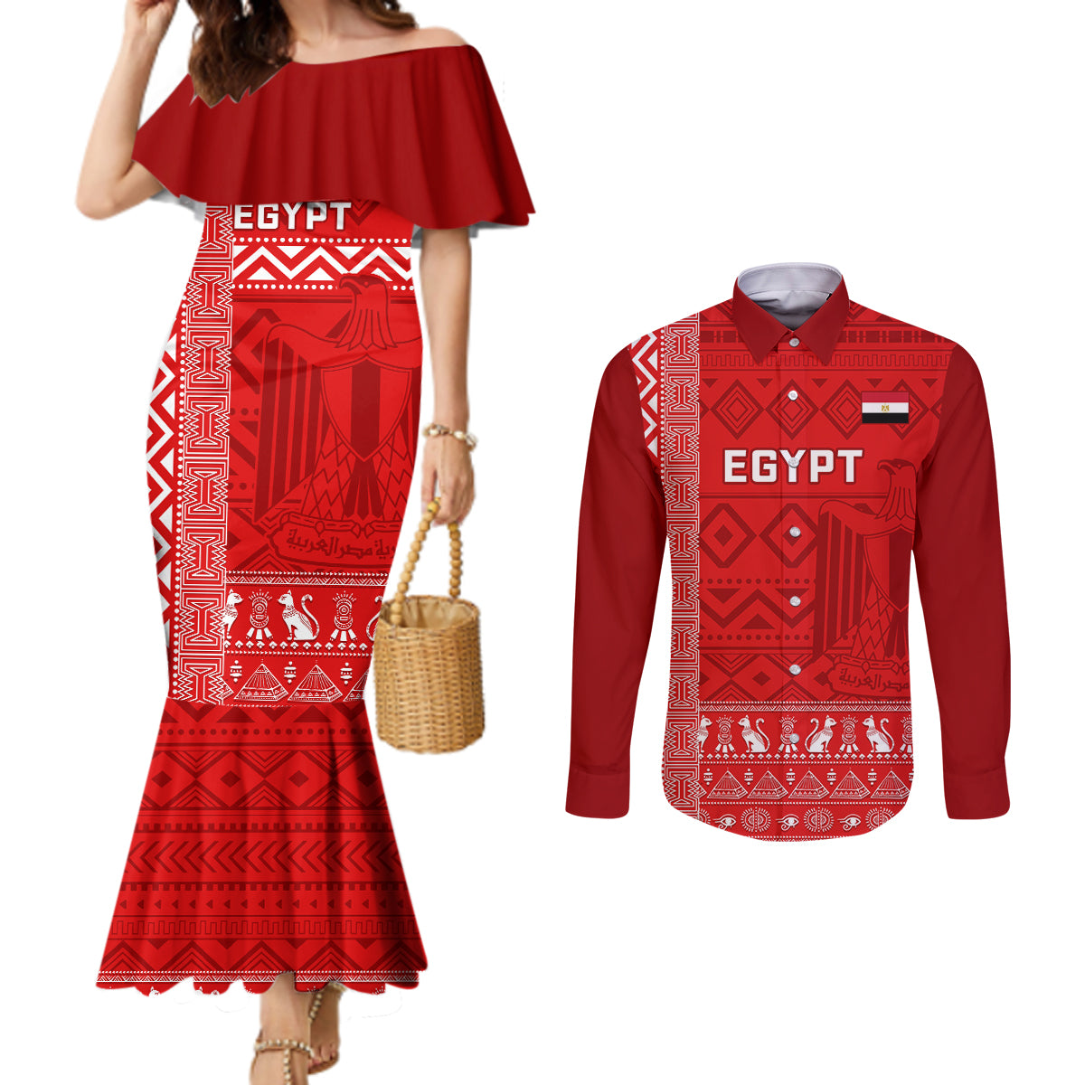 Egypt Football Couples Matching Mermaid Dress and Long Sleeve Button Shirt 2024 Go Champions Pharaohs Egyptian Patterns