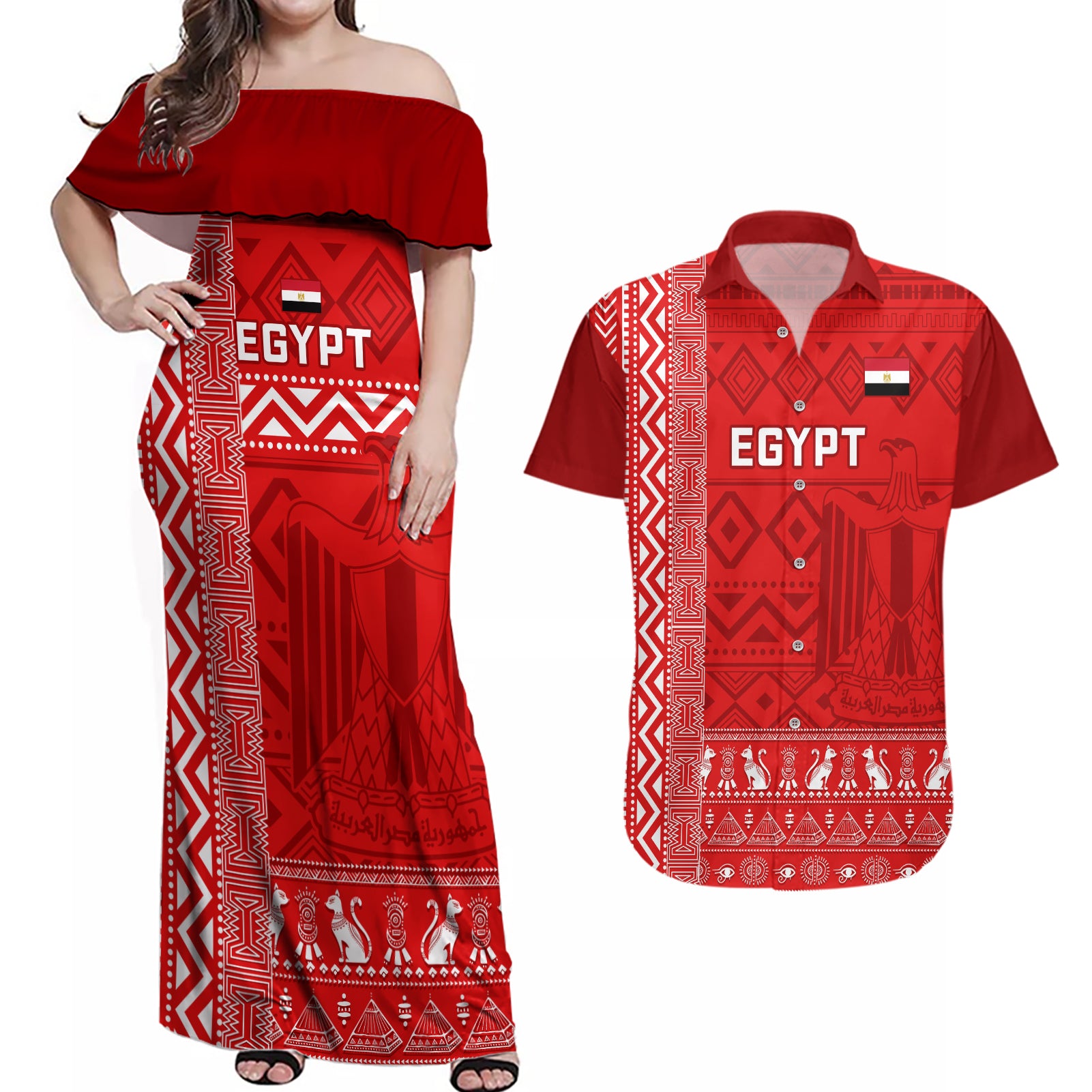 Egypt Football Couples Matching Off Shoulder Maxi Dress and Hawaiian Shirt 2024 Go Champions Pharaohs Egyptian Patterns