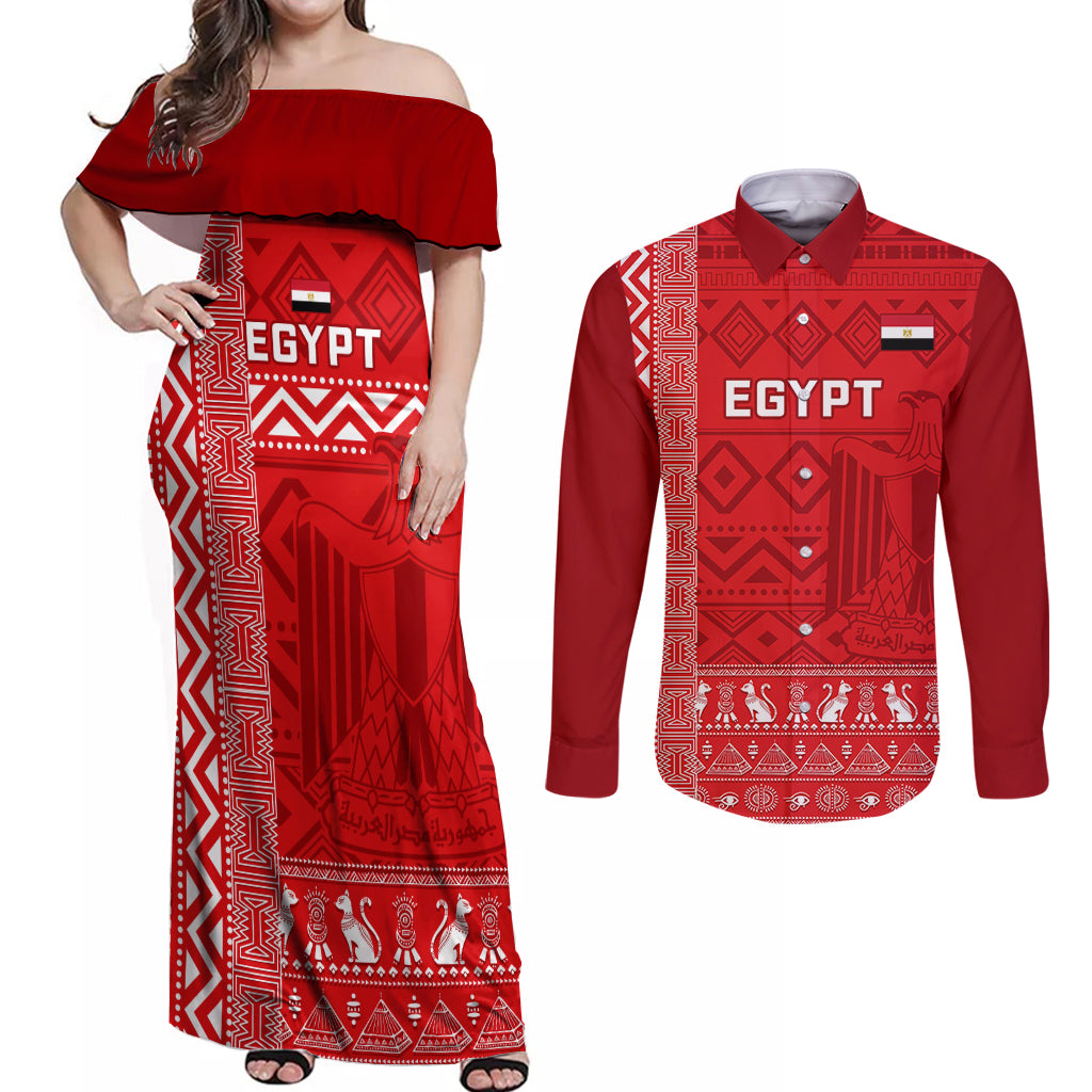 Egypt Football Couples Matching Off Shoulder Maxi Dress and Long Sleeve Button Shirt 2024 Go Champions Pharaohs Egyptian Patterns - Wonder Print Shop