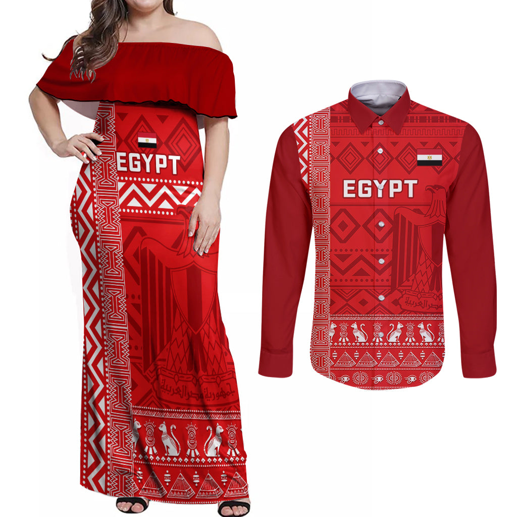 Egypt Football Couples Matching Off Shoulder Maxi Dress and Long Sleeve Button Shirt 2024 Go Champions Pharaohs Egyptian Patterns