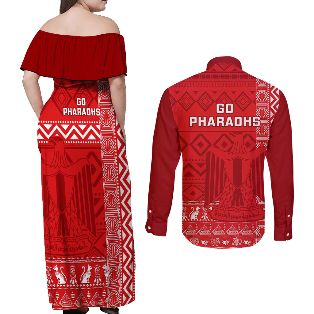 Egypt Football Couples Matching Off Shoulder Maxi Dress and Long Sleeve Button Shirt 2024 Go Champions Pharaohs Egyptian Patterns - Wonder Print Shop