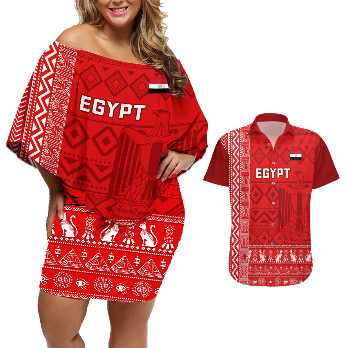 Egypt Football Couples Matching Off Shoulder Short Dress and Hawaiian Shirt 2024 Go Champions Pharaohs Egyptian Patterns - Wonder Print Shop