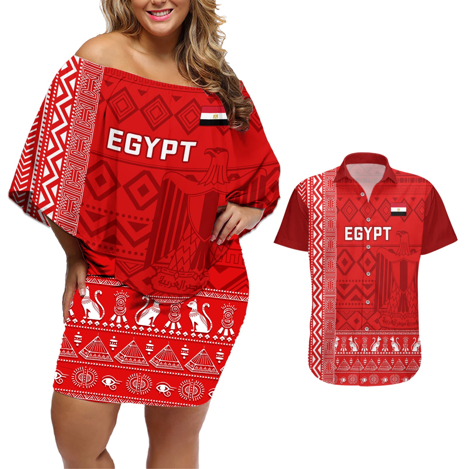 Egypt Football Couples Matching Off Shoulder Short Dress and Hawaiian Shirt 2024 Go Champions Pharaohs Egyptian Patterns