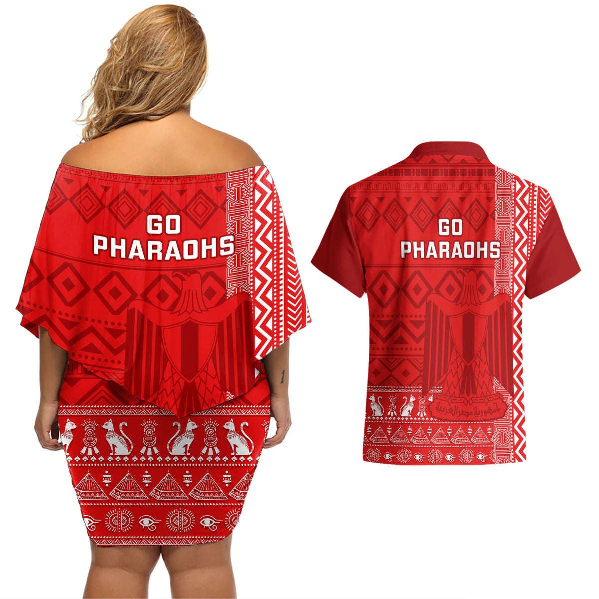Egypt Football Couples Matching Off Shoulder Short Dress and Hawaiian Shirt 2024 Go Champions Pharaohs Egyptian Patterns - Wonder Print Shop