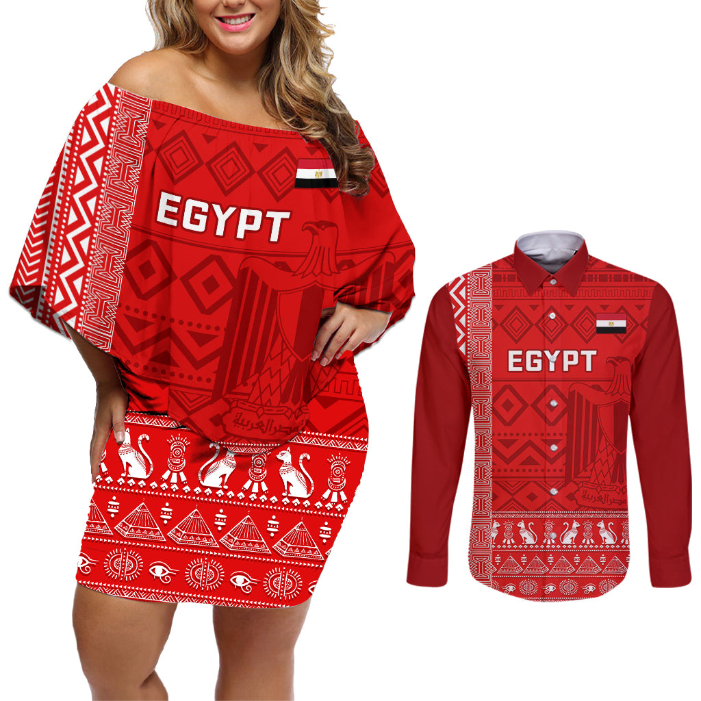 Egypt Football Couples Matching Off Shoulder Short Dress and Long Sleeve Button Shirt 2024 Go Champions Pharaohs Egyptian Patterns - Wonder Print Shop