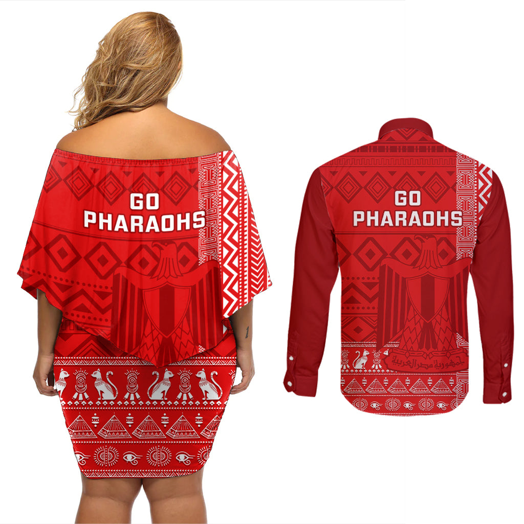 Egypt Football Couples Matching Off Shoulder Short Dress and Long Sleeve Button Shirt 2024 Go Champions Pharaohs Egyptian Patterns - Wonder Print Shop