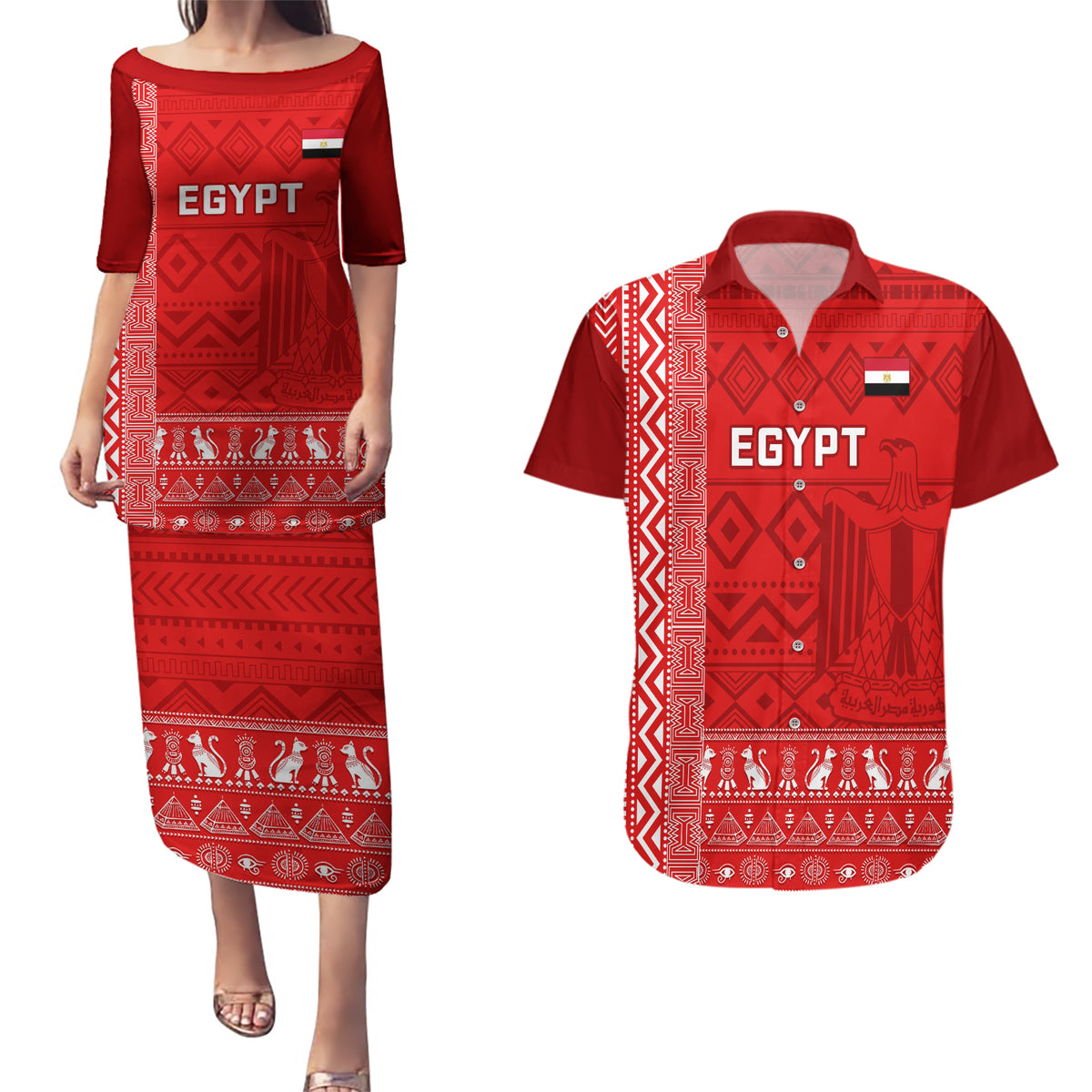 Egypt Football Couples Matching Puletasi and Hawaiian Shirt 2024 Go Champions Pharaohs Egyptian Patterns - Wonder Print Shop