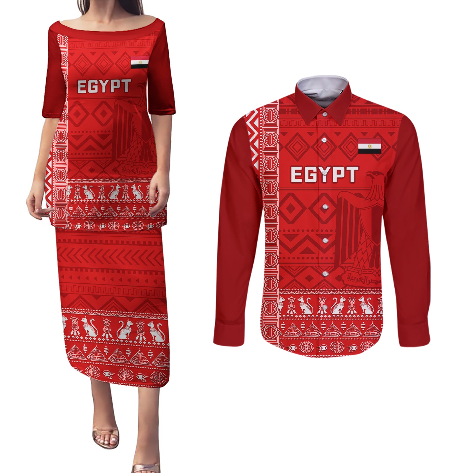 Egypt Football Couples Matching Puletasi and Long Sleeve Button Shirt 2024 Go Champions Pharaohs Egyptian Patterns