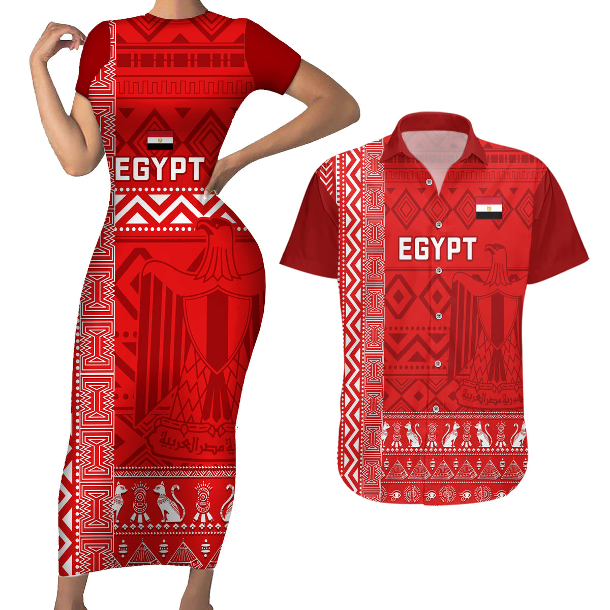 Egypt Football Couples Matching Short Sleeve Bodycon Dress and Hawaiian Shirt 2024 Go Champions Pharaohs Egyptian Patterns - Wonder Print Shop