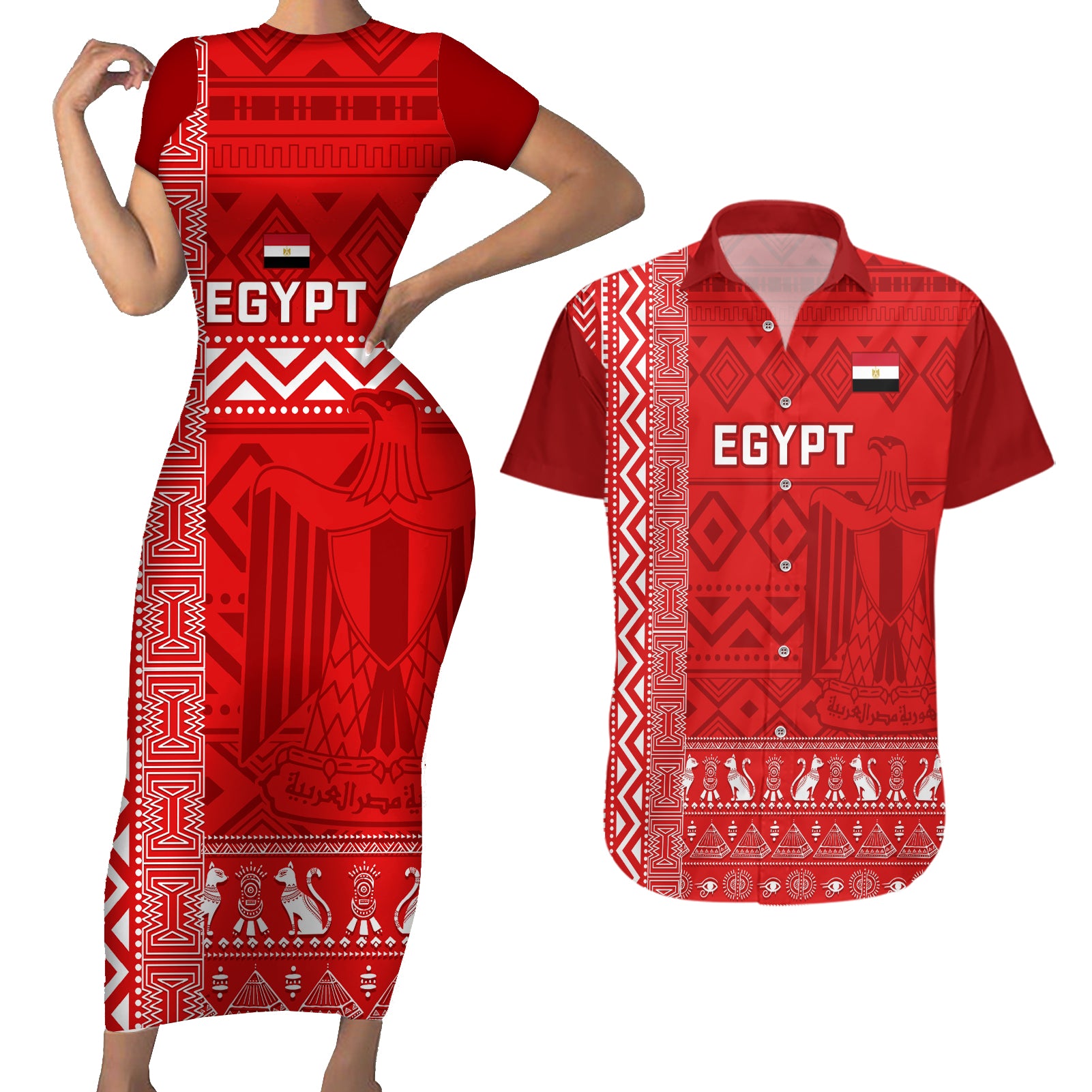 Egypt Football Couples Matching Short Sleeve Bodycon Dress and Hawaiian Shirt 2024 Go Champions Pharaohs Egyptian Patterns