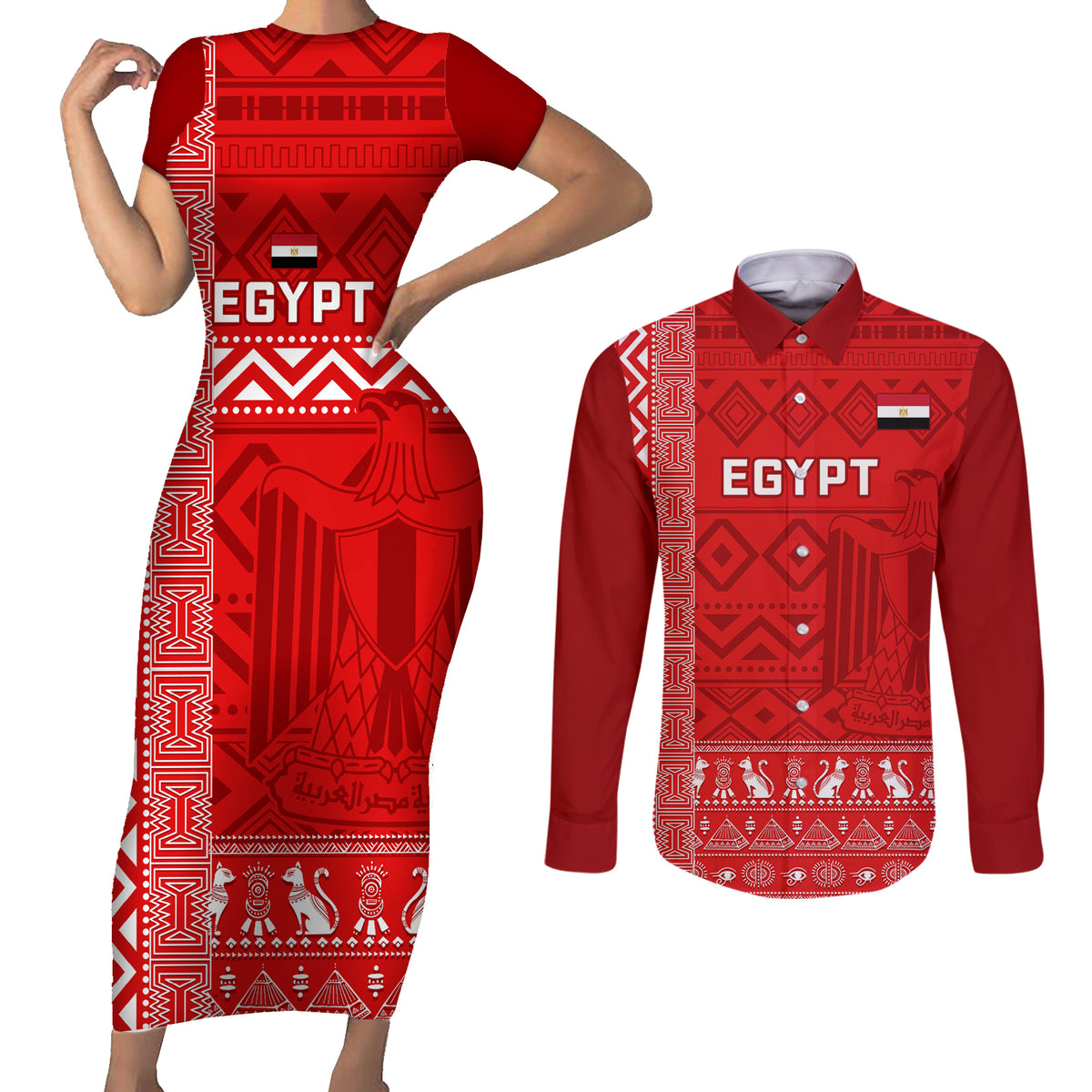 Egypt Football Couples Matching Short Sleeve Bodycon Dress and Long Sleeve Button Shirt 2024 Go Champions Pharaohs Egyptian Patterns - Wonder Print Shop