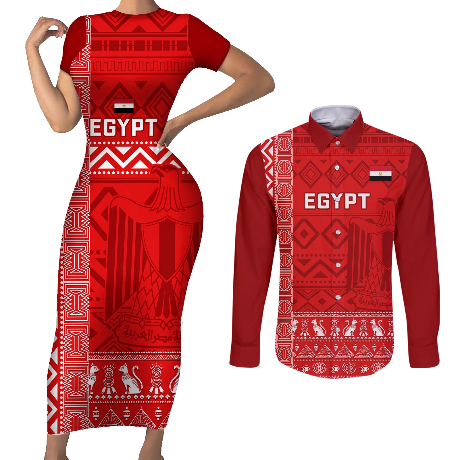 Egypt Football Couples Matching Short Sleeve Bodycon Dress and Long Sleeve Button Shirt 2024 Go Champions Pharaohs Egyptian Patterns