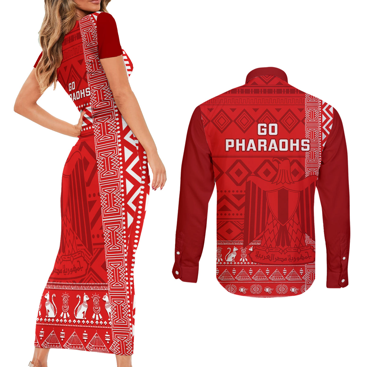 Egypt Football Couples Matching Short Sleeve Bodycon Dress and Long Sleeve Button Shirt 2024 Go Champions Pharaohs Egyptian Patterns - Wonder Print Shop