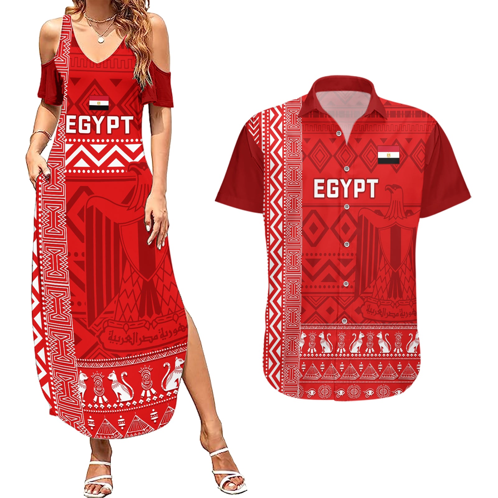 Egypt Football Couples Matching Summer Maxi Dress and Hawaiian Shirt 2024 Go Champions Pharaohs Egyptian Patterns