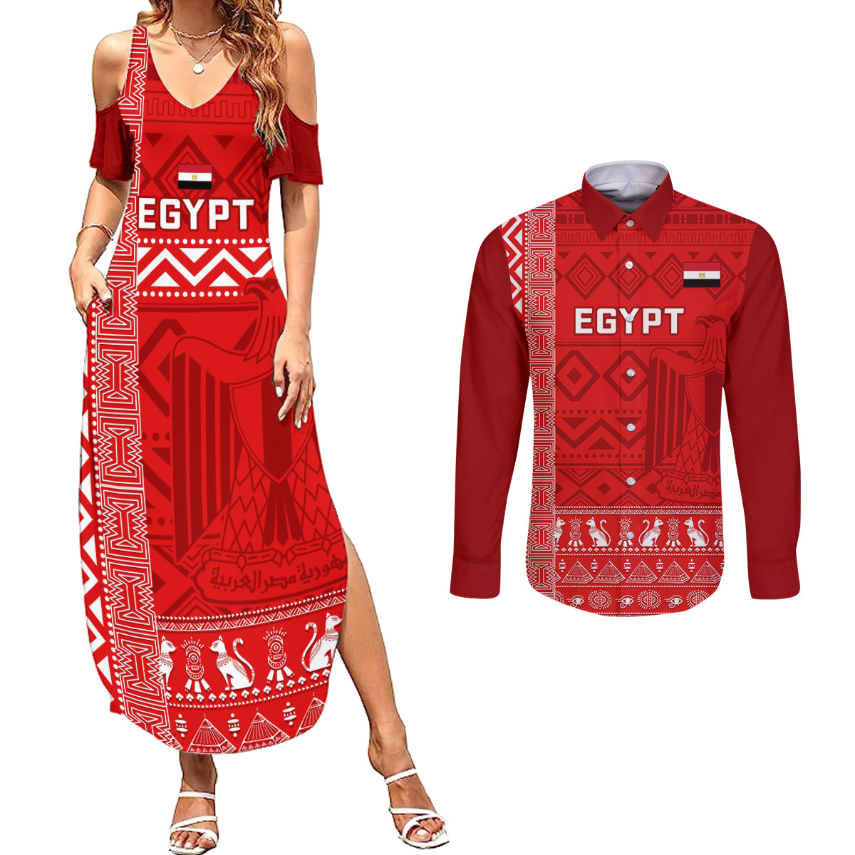Egypt Football Couples Matching Summer Maxi Dress and Long Sleeve Button Shirt 2024 Go Champions Pharaohs Egyptian Patterns