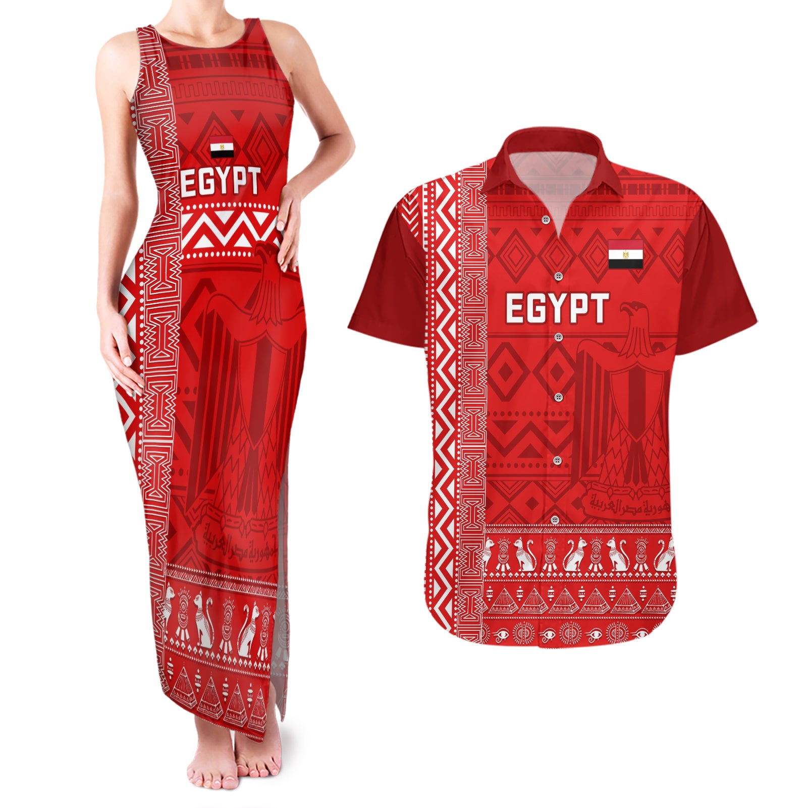 Egypt Football Couples Matching Tank Maxi Dress and Hawaiian Shirt 2024 Go Champions Pharaohs Egyptian Patterns