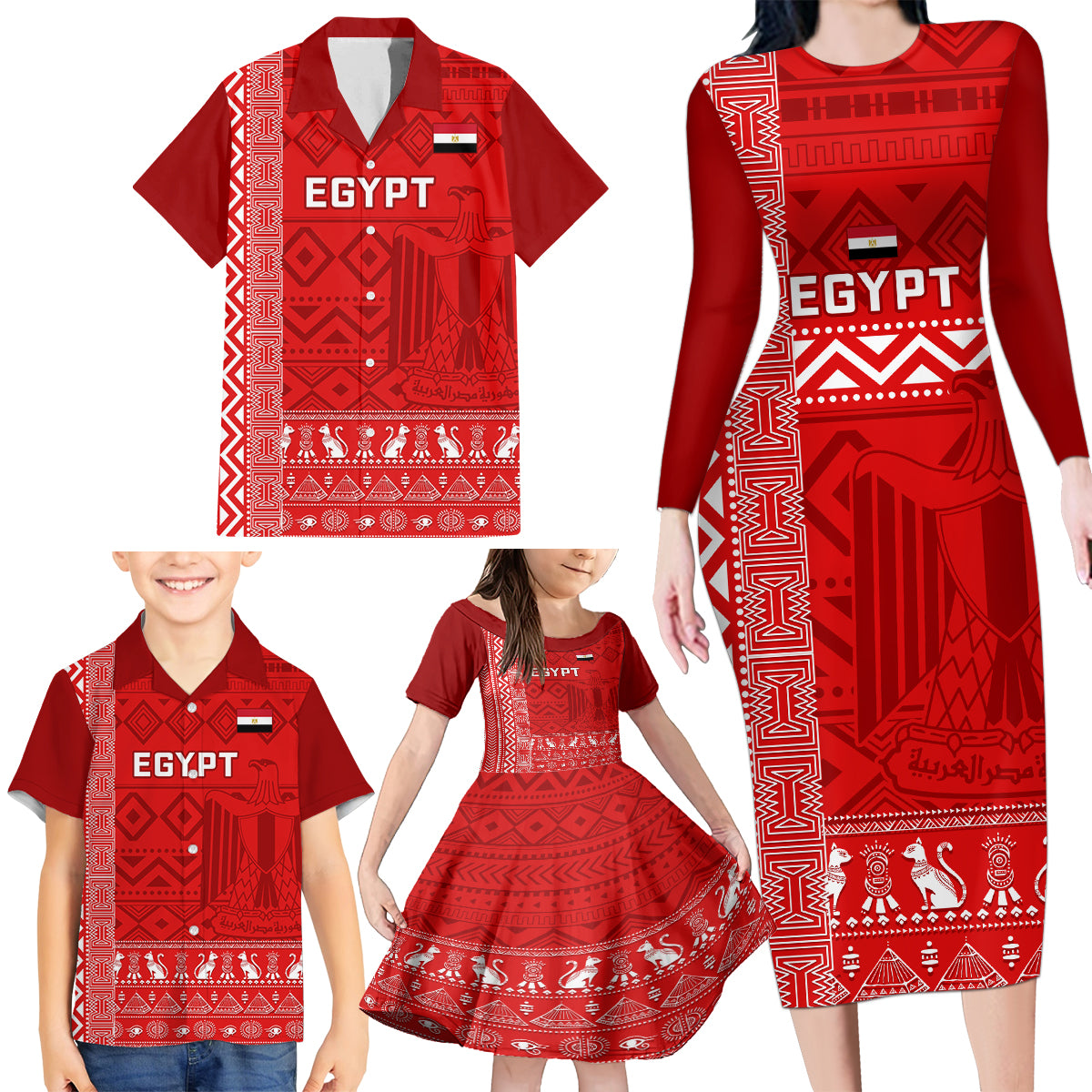 Egypt Football Family Matching Long Sleeve Bodycon Dress and Hawaiian Shirt 2024 Go Champions Pharaohs Egyptian Patterns