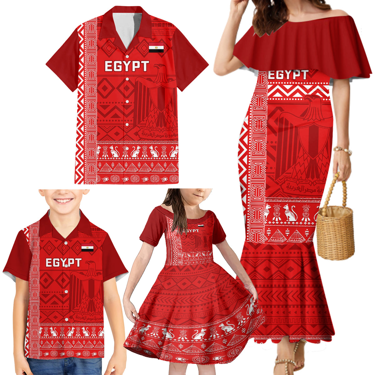 Egypt Football Family Matching Mermaid Dress and Hawaiian Shirt 2024 Go Champions Pharaohs Egyptian Patterns - Wonder Print Shop