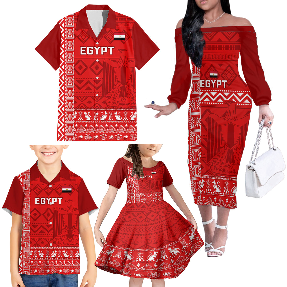 Egypt Football Family Matching Off Shoulder Long Sleeve Dress and Hawaiian Shirt 2024 Go Champions Pharaohs Egyptian Patterns - Wonder Print Shop