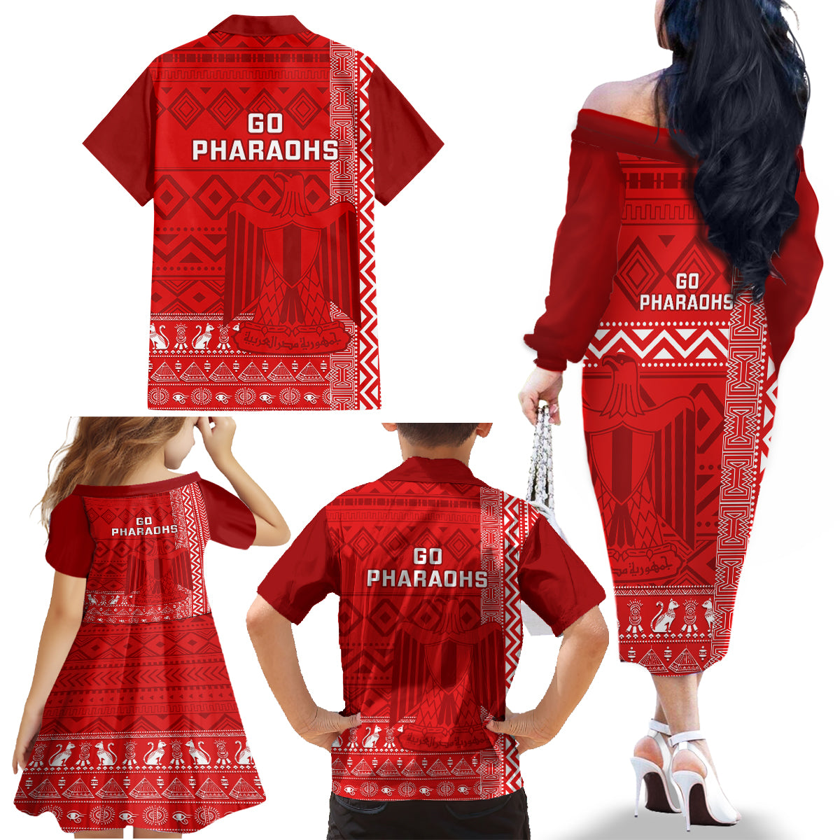 Egypt Football Family Matching Off Shoulder Long Sleeve Dress and Hawaiian Shirt 2024 Go Champions Pharaohs Egyptian Patterns - Wonder Print Shop