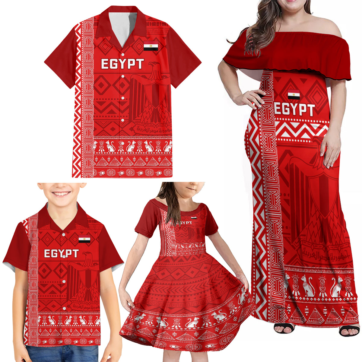 Egypt Football Family Matching Off Shoulder Maxi Dress and Hawaiian Shirt 2024 Go Champions Pharaohs Egyptian Patterns - Wonder Print Shop