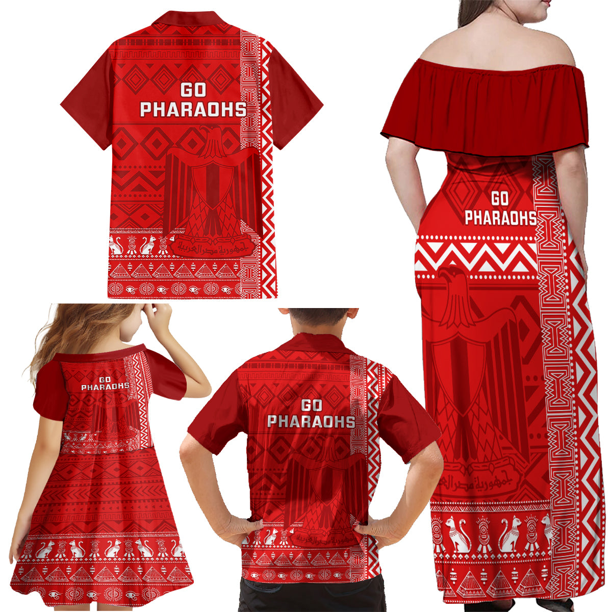 Egypt Football Family Matching Off Shoulder Maxi Dress and Hawaiian Shirt 2024 Go Champions Pharaohs Egyptian Patterns - Wonder Print Shop