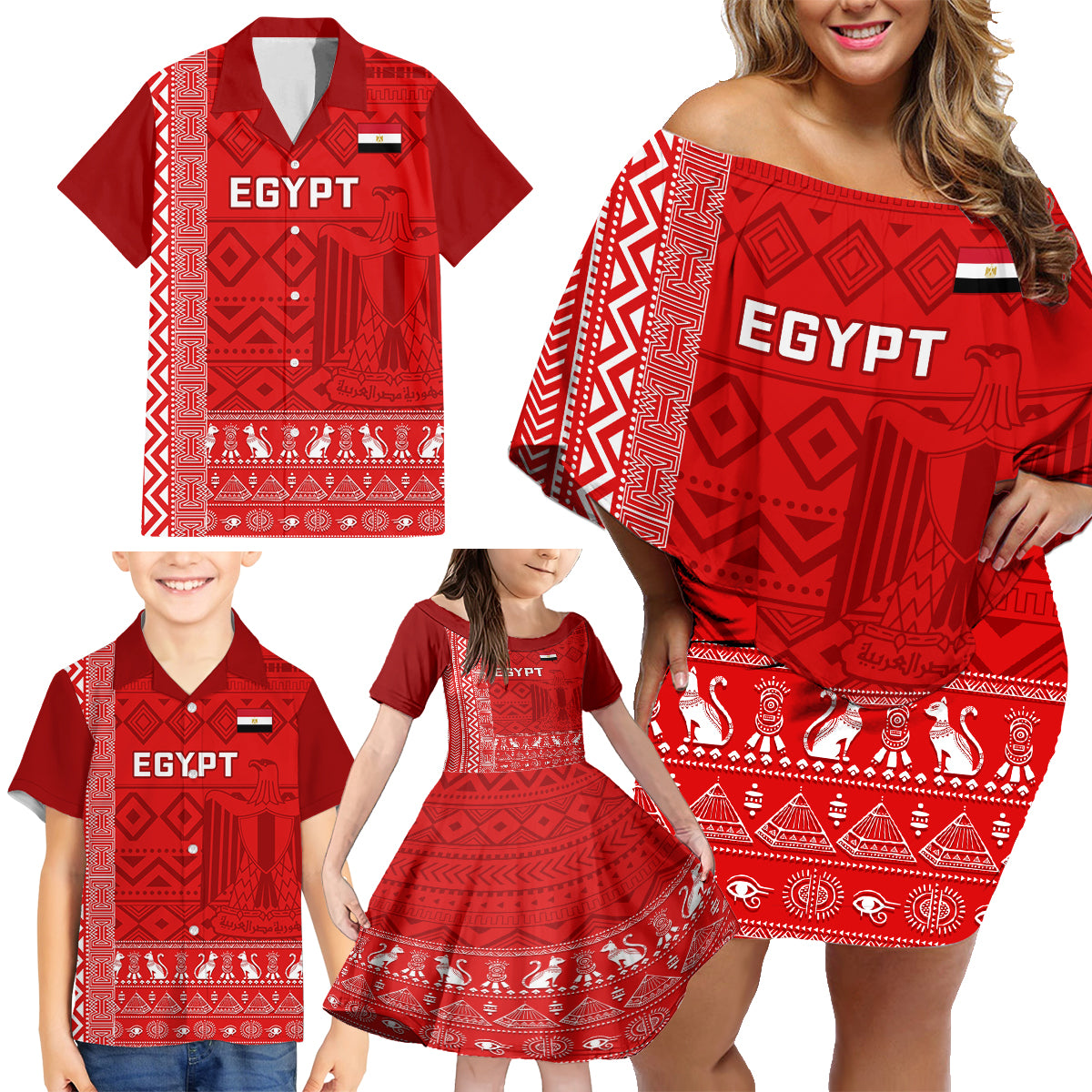 Egypt Football Family Matching Off Shoulder Short Dress and Hawaiian Shirt 2024 Go Champions Pharaohs Egyptian Patterns - Wonder Print Shop