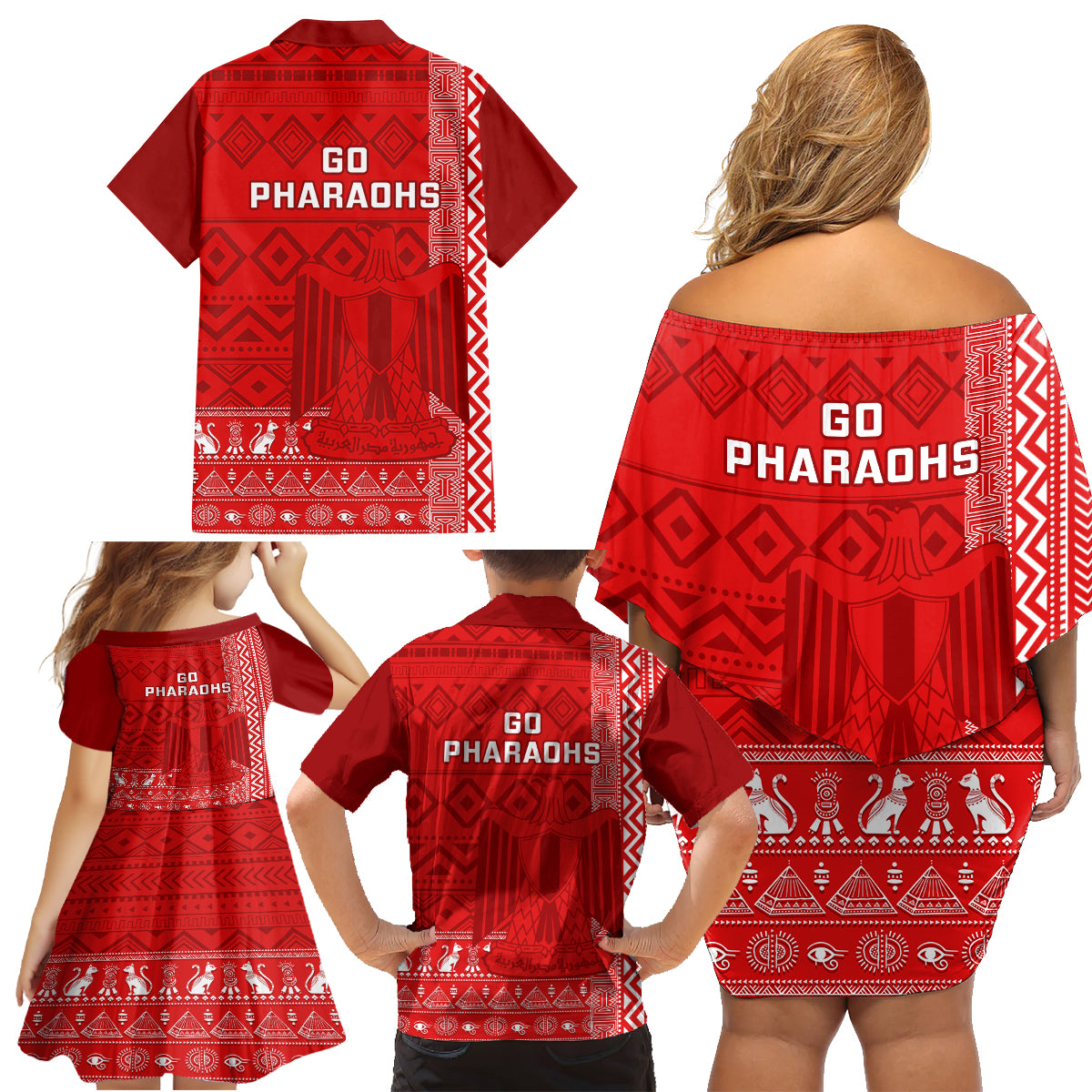 Egypt Football Family Matching Off Shoulder Short Dress and Hawaiian Shirt 2024 Go Champions Pharaohs Egyptian Patterns - Wonder Print Shop