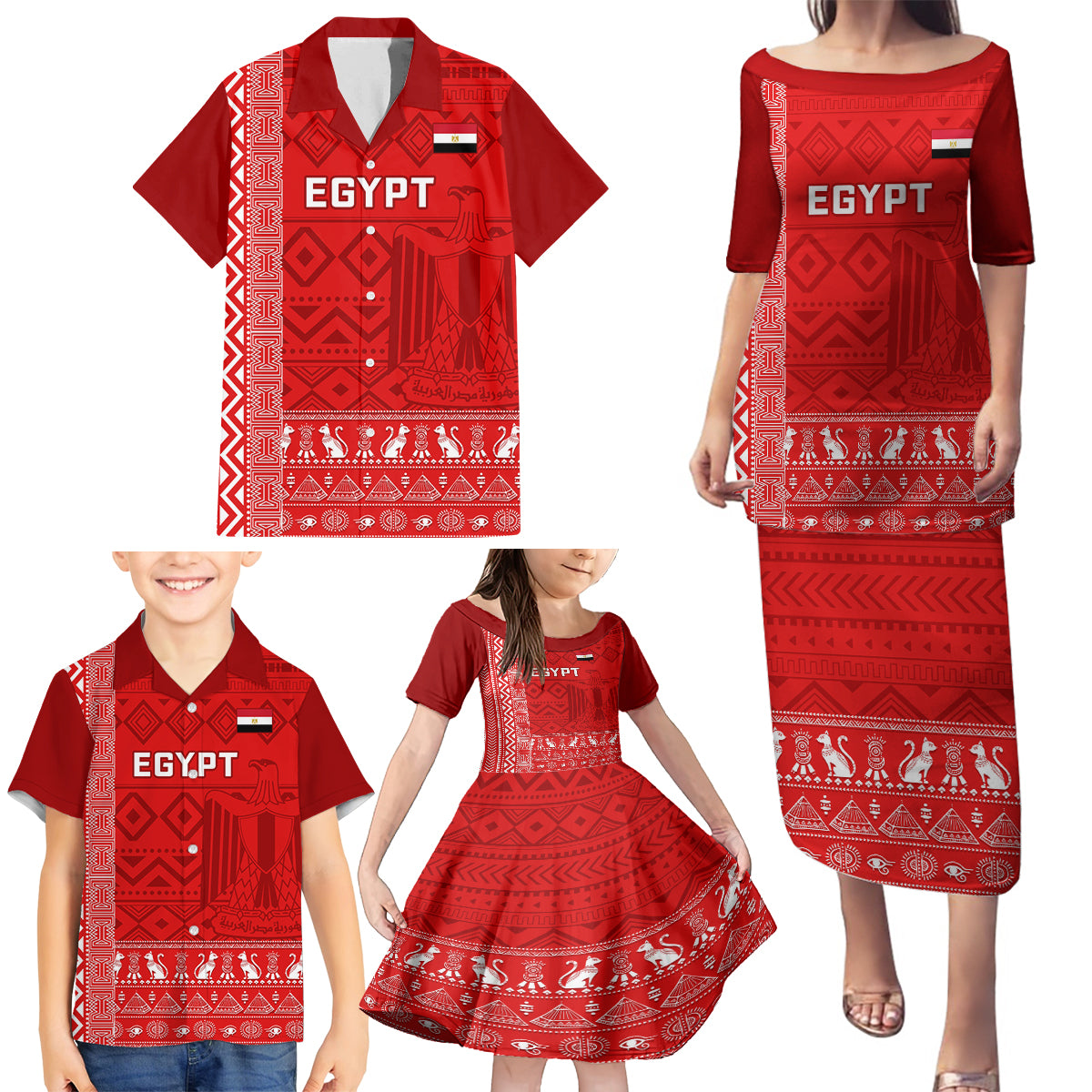 Egypt Football Family Matching Puletasi and Hawaiian Shirt 2024 Go Champions Pharaohs Egyptian Patterns - Wonder Print Shop