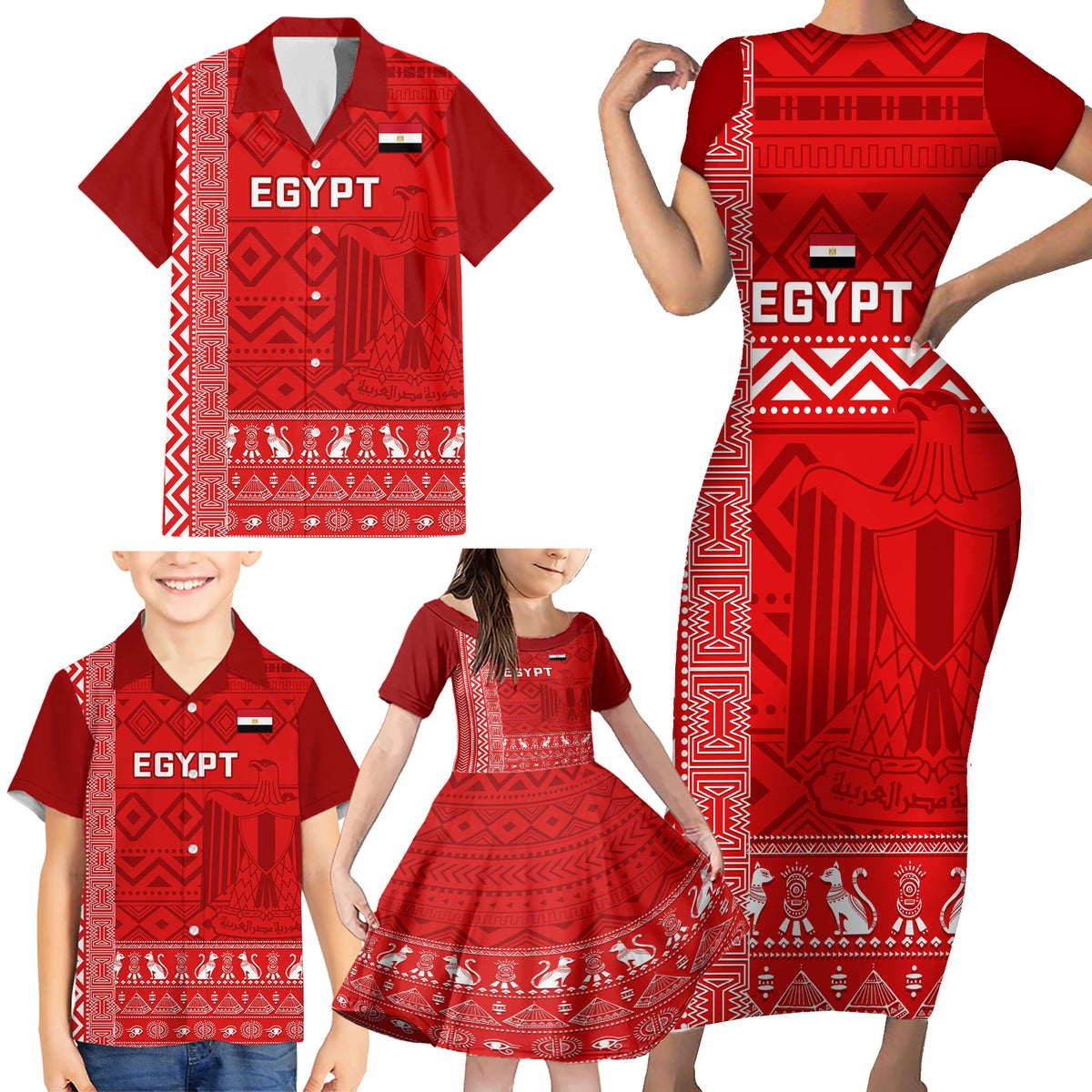 Egypt Football Family Matching Short Sleeve Bodycon Dress and Hawaiian Shirt 2024 Go Champions Pharaohs Egyptian Patterns - Wonder Print Shop