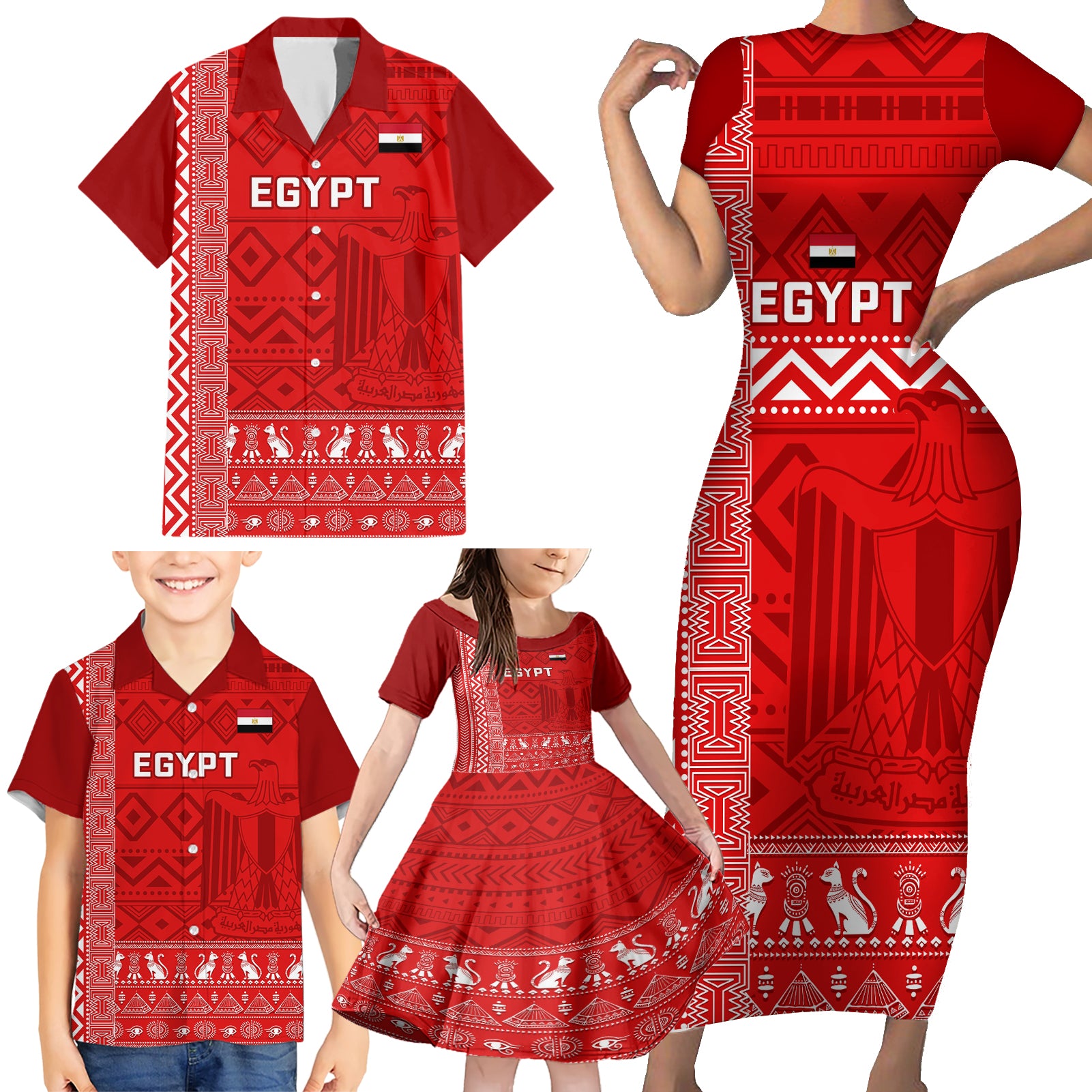 Egypt Football Family Matching Short Sleeve Bodycon Dress and Hawaiian Shirt 2024 Go Champions Pharaohs Egyptian Patterns