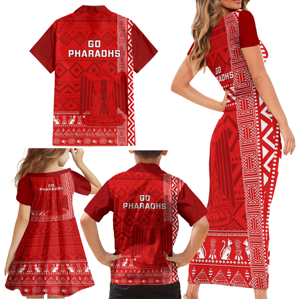 Egypt Football Family Matching Short Sleeve Bodycon Dress and Hawaiian Shirt 2024 Go Champions Pharaohs Egyptian Patterns - Wonder Print Shop
