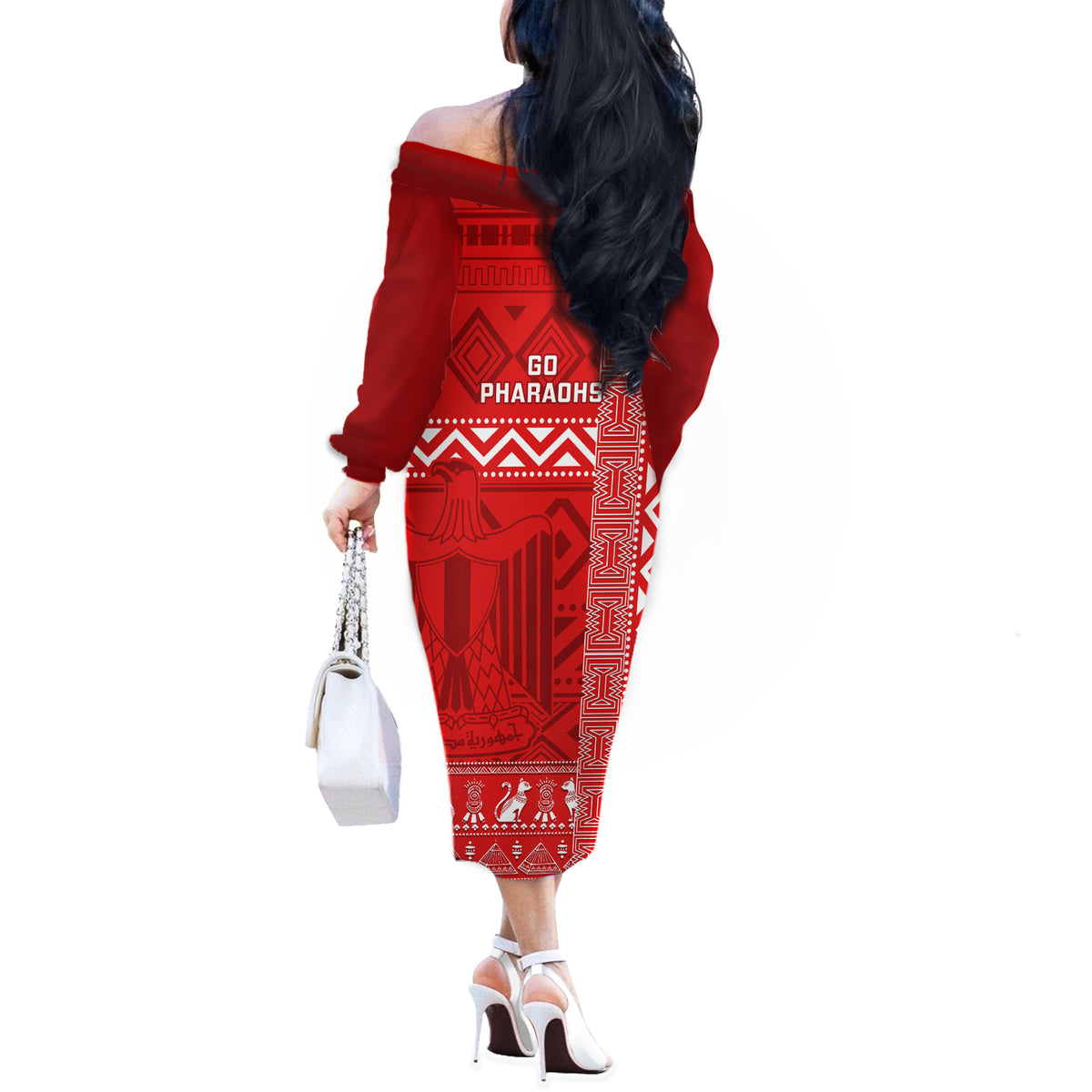 Egypt Football Off The Shoulder Long Sleeve Dress 2024 Go Champions Pharaohs Egyptian Patterns - Wonder Print Shop