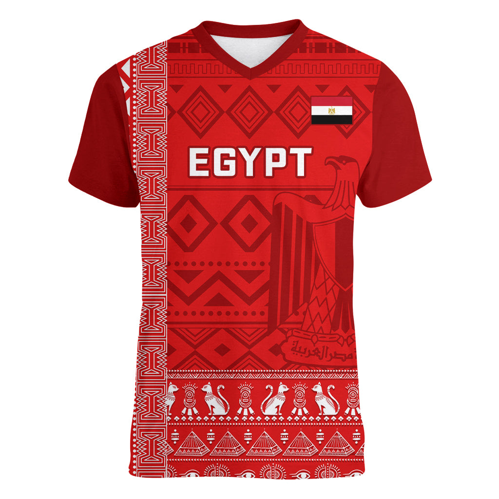 Egypt Football Women V Neck T Shirt 2024 Go Champions Pharaohs Egyptian Patterns - Wonder Print Shop