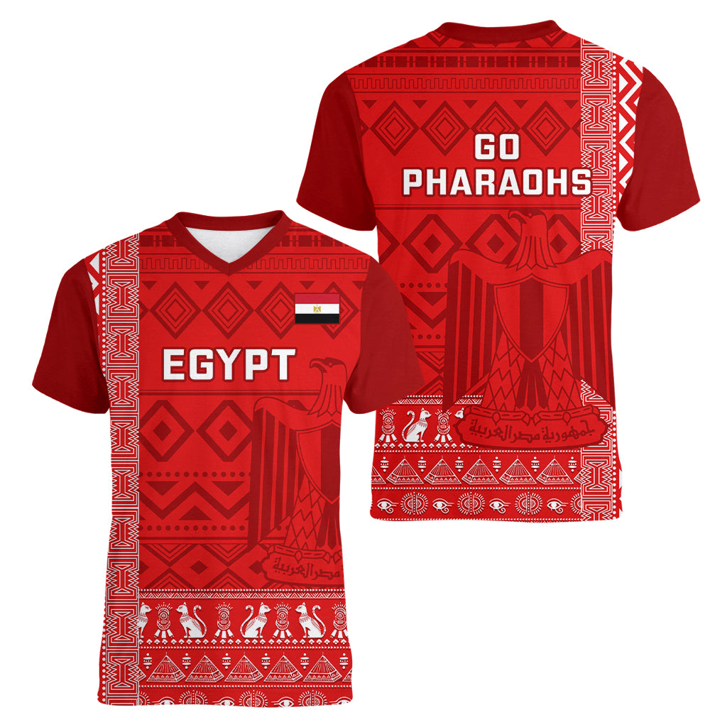 Egypt Football Women V Neck T Shirt 2024 Go Champions Pharaohs Egyptian Patterns - Wonder Print Shop
