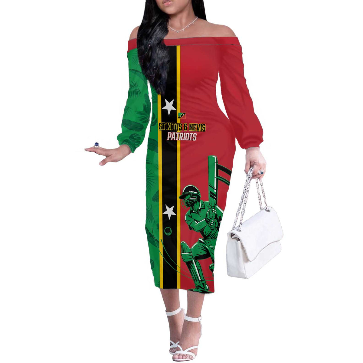 Custom Saint Kitts and Nevis Cricket Off The Shoulder Long Sleeve Dress Go Champions Patriots