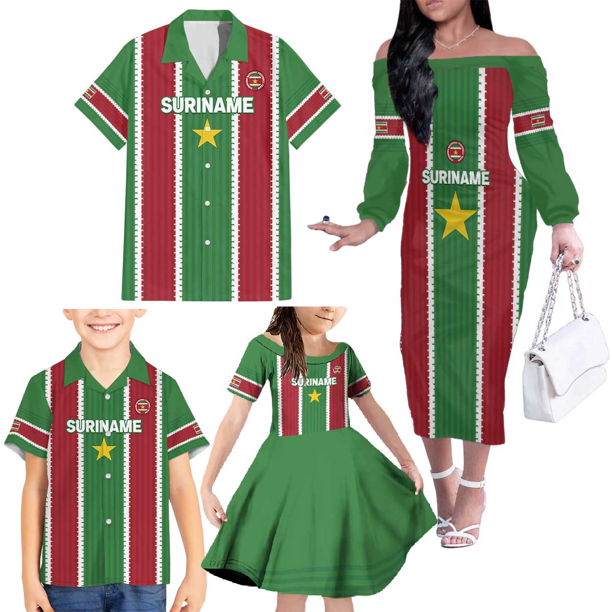 Custom Suriname Football Family Matching Off The Shoulder Long Sleeve Dress and Hawaiian Shirt 2025 Go Natio Flag Color
