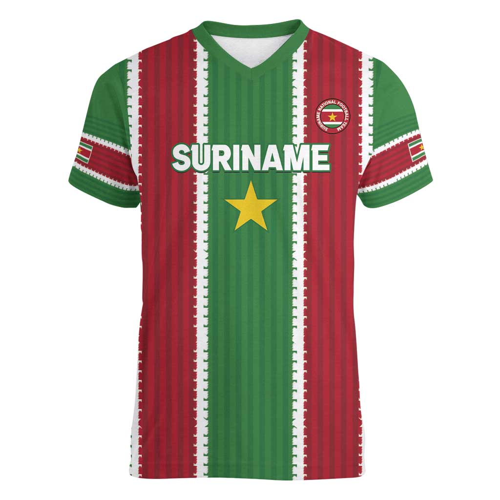 Custom Suriname Football Women V-Neck T-Shirt 2025 Go Natio Flag Color