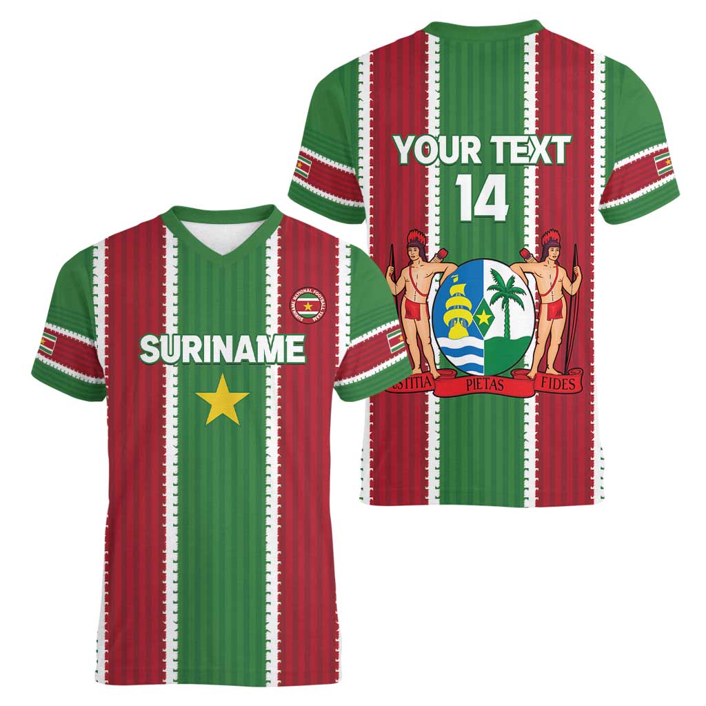 Custom Suriname Football Women V-Neck T-Shirt 2025 Go Natio Flag Color