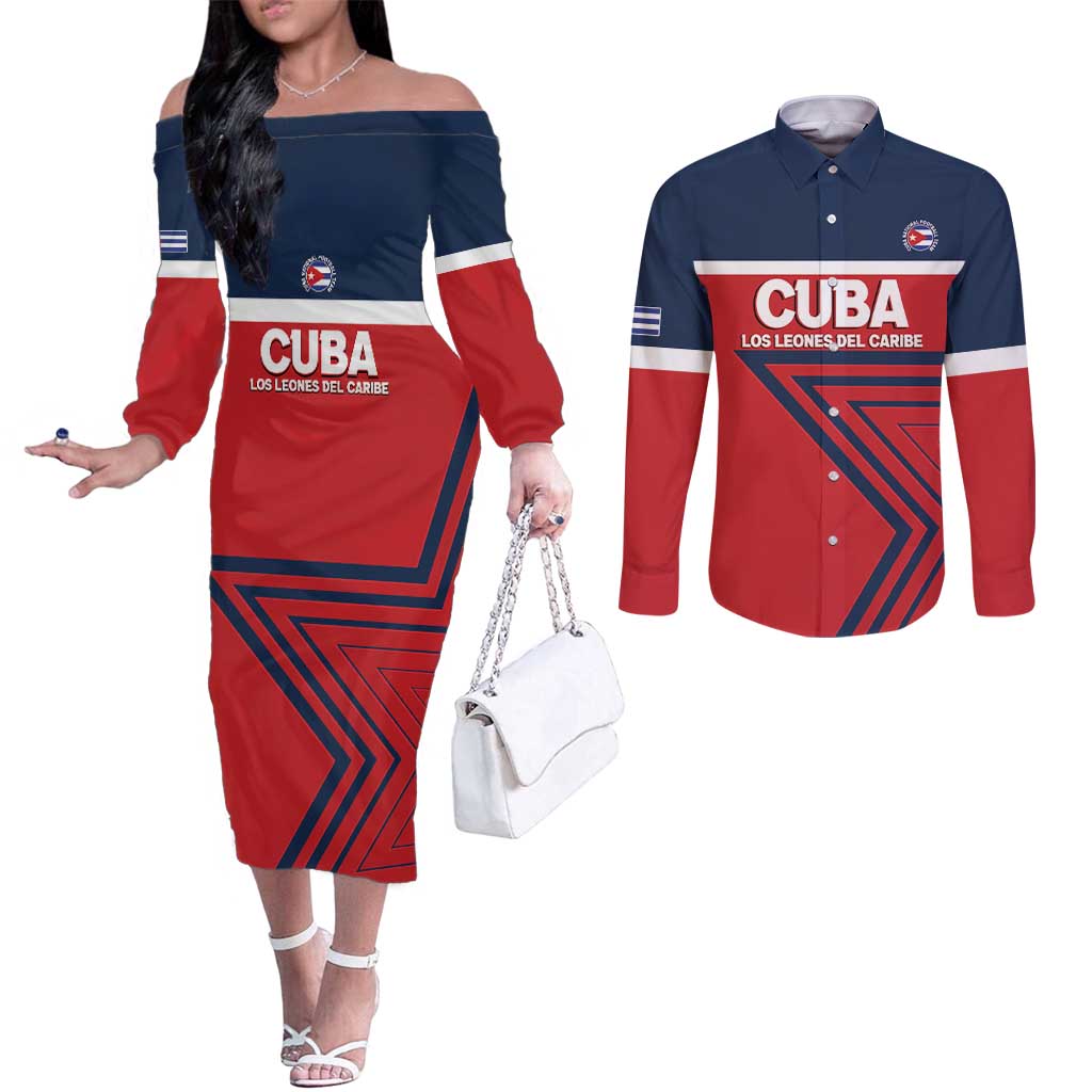 Custom Cuba Football Couples Matching Off The Shoulder Long Sleeve Dress and Long Sleeve Button Shirt 2025 Los Leones del Caribe