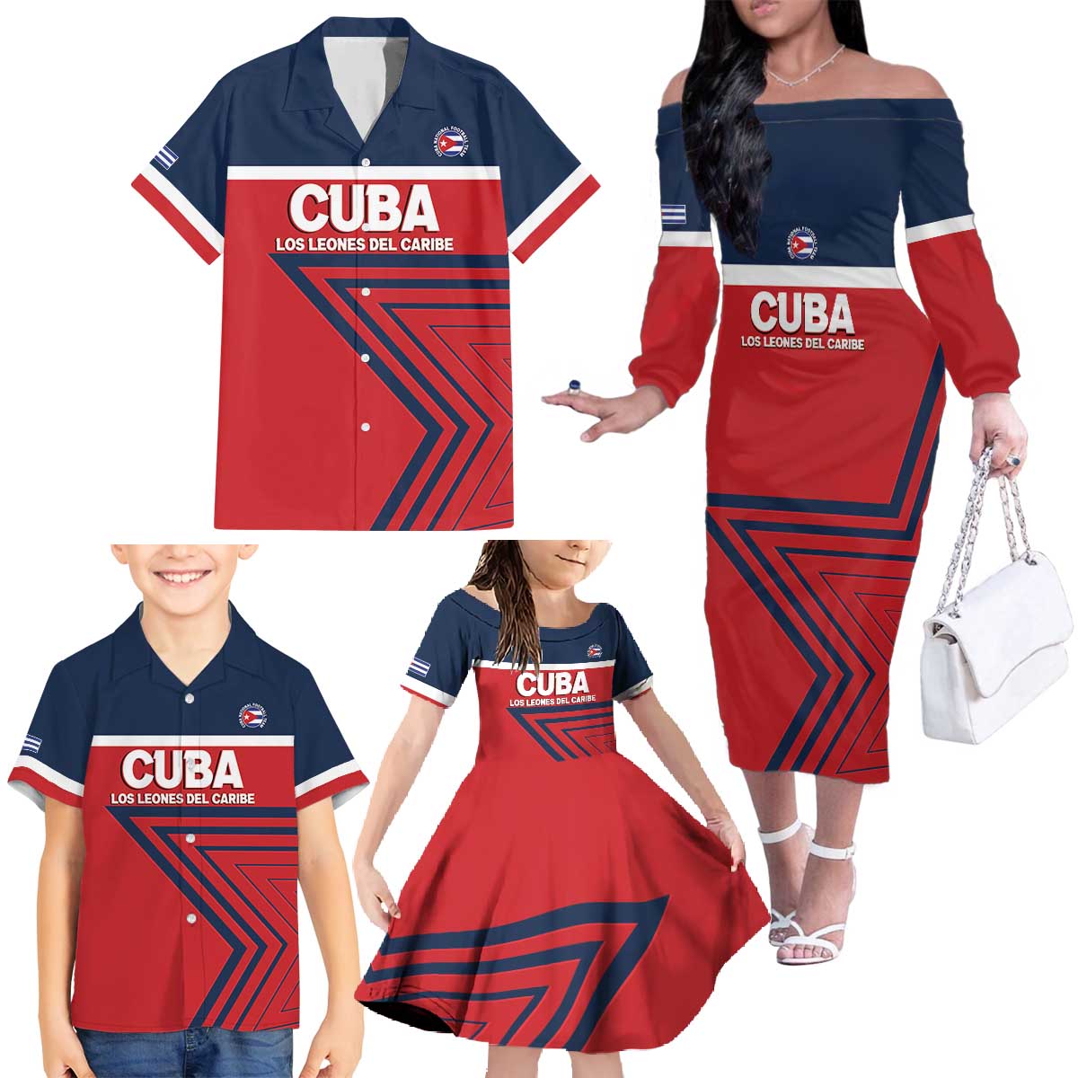 Custom Cuba Football Family Matching Off The Shoulder Long Sleeve Dress and Hawaiian Shirt 2025 Los Leones del Caribe