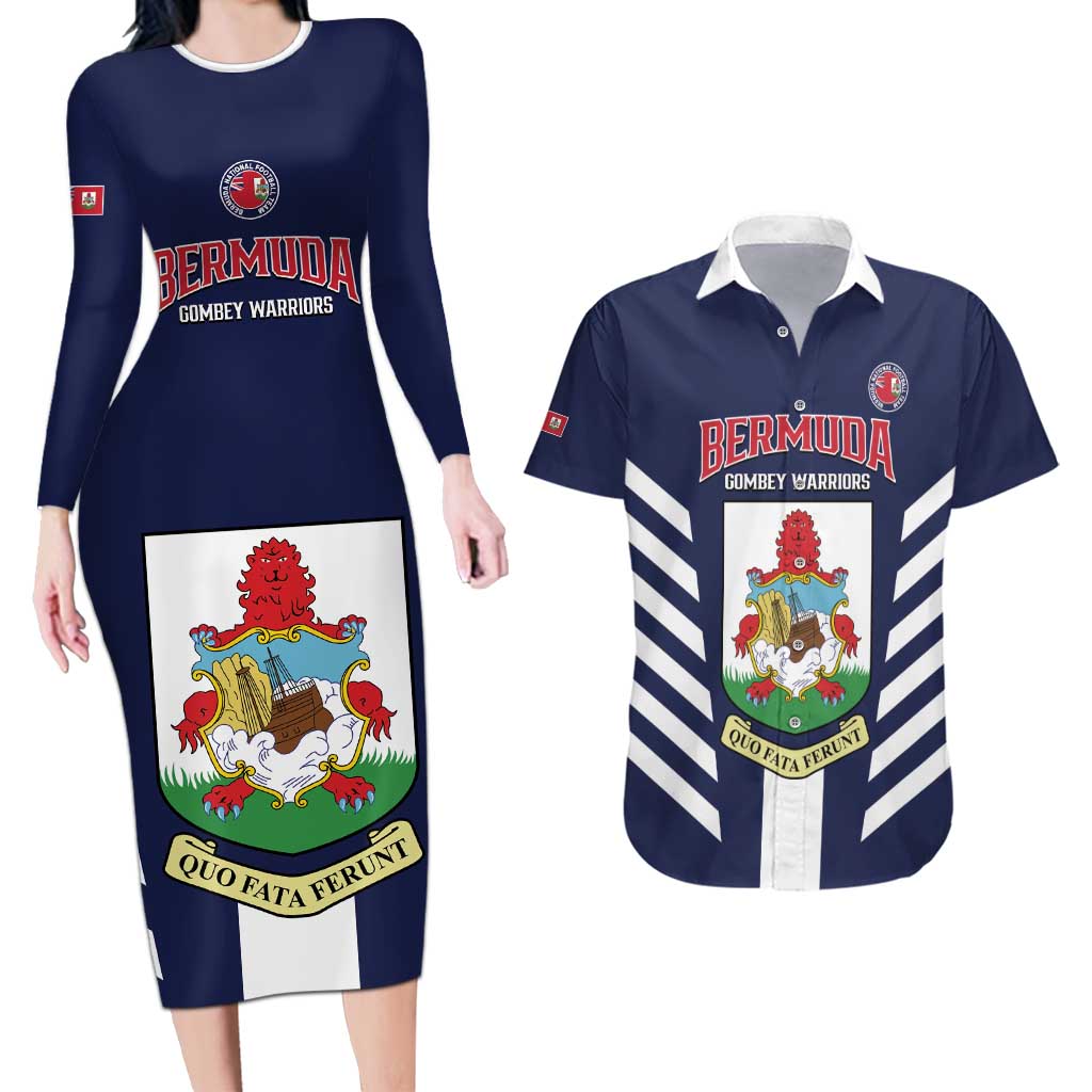 Custom Bermuda Football Couples Matching Long Sleeve Bodycon Dress and Hawaiian Shirt 2025 Go Gombey Warriors - Blue