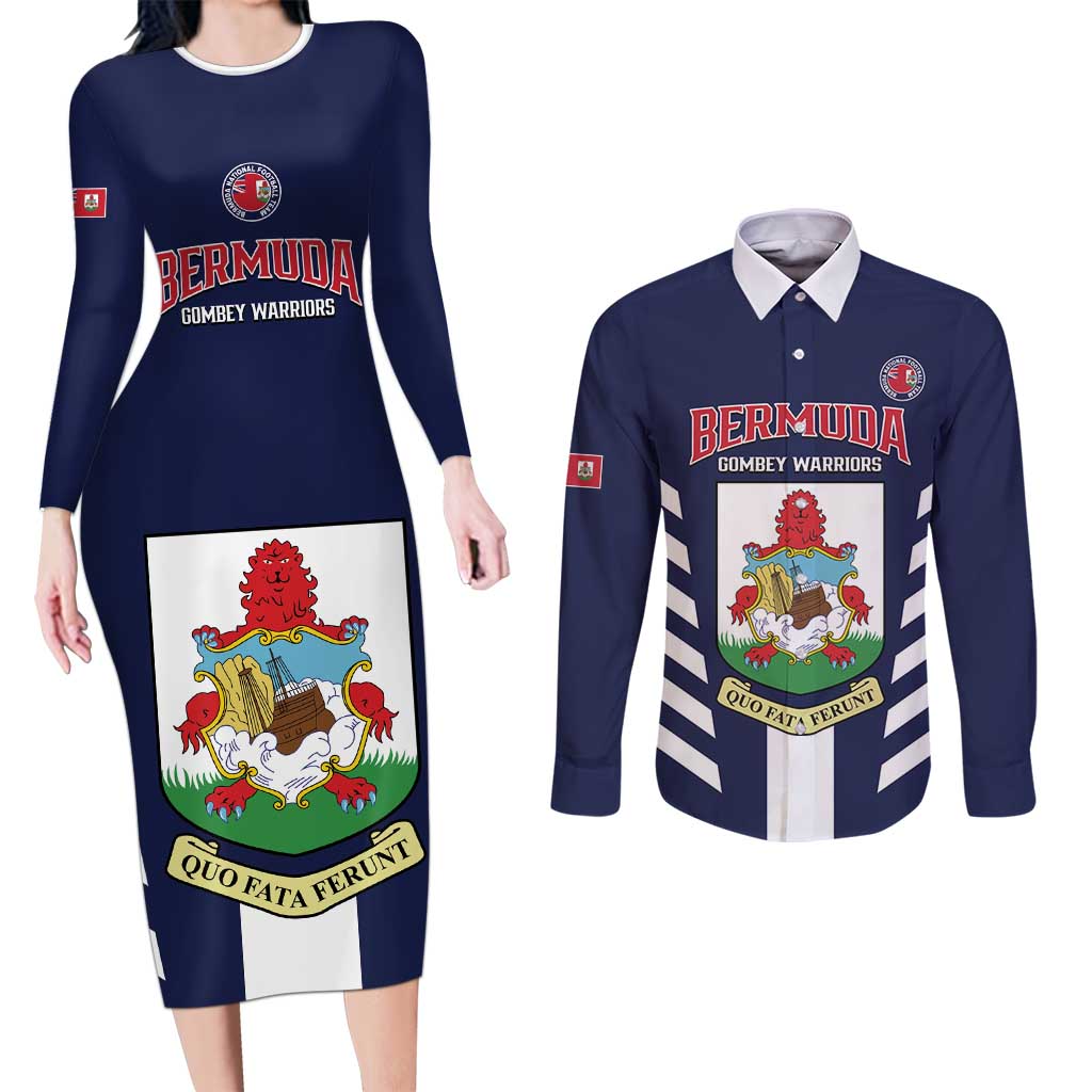 Custom Bermuda Football Couples Matching Long Sleeve Bodycon Dress and Long Sleeve Button Shirt 2025 Go Gombey Warriors - Blue