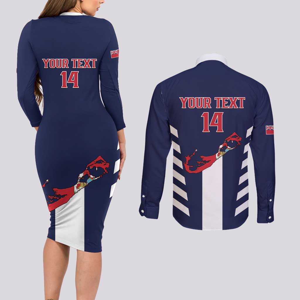 Custom Bermuda Football Couples Matching Long Sleeve Bodycon Dress and Long Sleeve Button Shirt 2025 Go Gombey Warriors - Blue