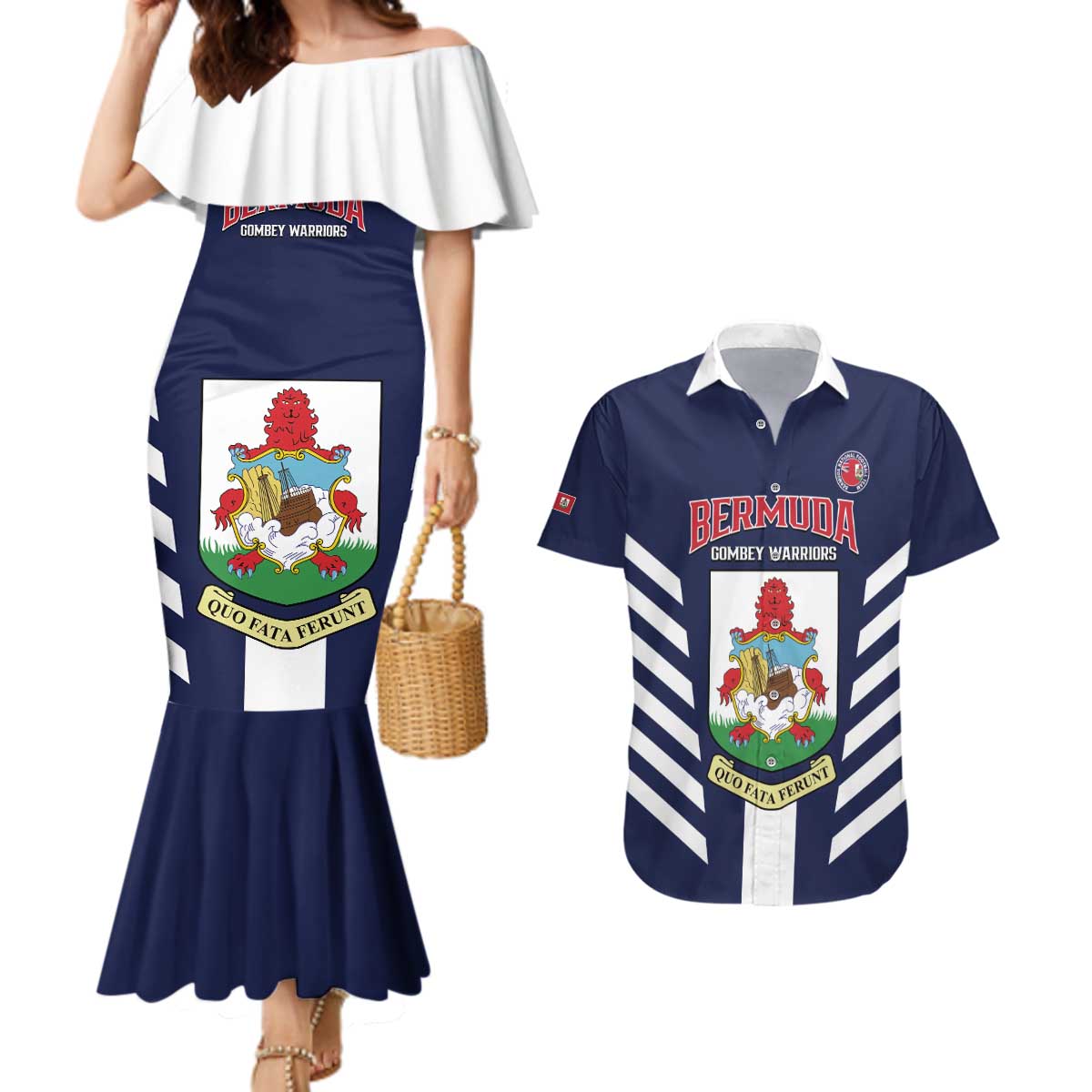 Custom Bermuda Football Couples Matching Mermaid Dress and Hawaiian Shirt 2025 Go Gombey Warriors - Blue