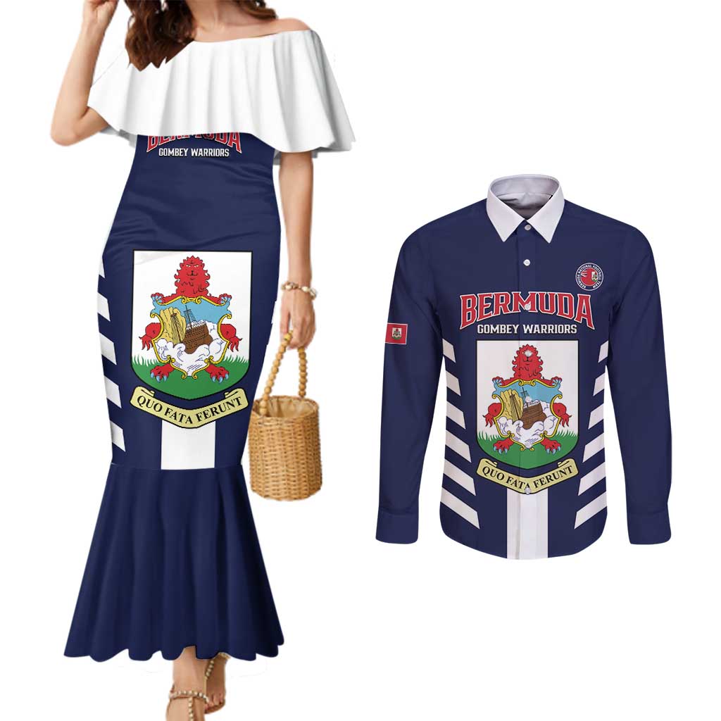 Custom Bermuda Football Couples Matching Mermaid Dress and Long Sleeve Button Shirt 2025 Go Gombey Warriors - Blue