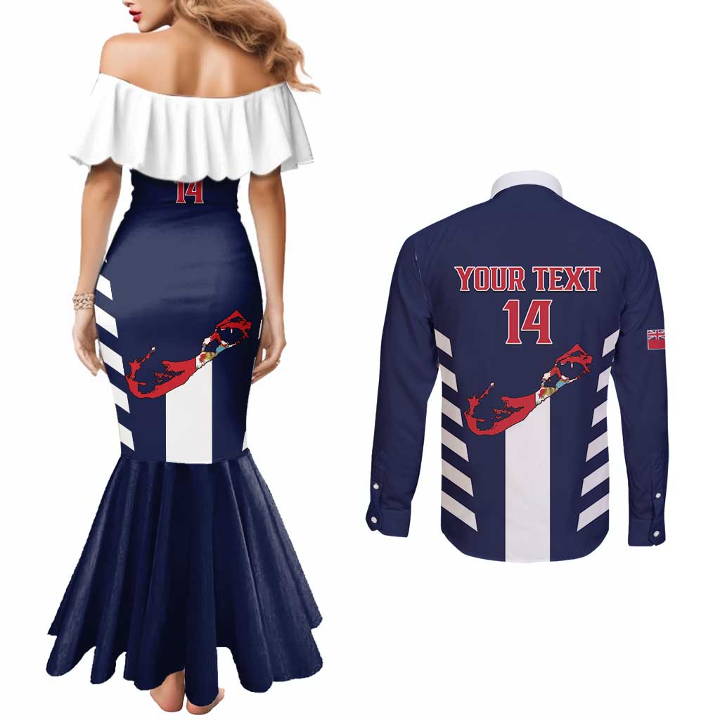 Custom Bermuda Football Couples Matching Mermaid Dress and Long Sleeve Button Shirt 2025 Go Gombey Warriors - Blue