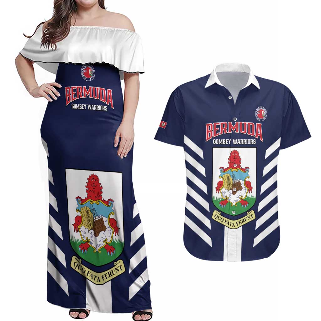 Custom Bermuda Football Couples Matching Off Shoulder Maxi Dress and Hawaiian Shirt 2025 Go Gombey Warriors - Blue